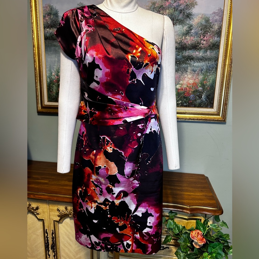 Tahari One Shoulder Black Purple Pink Lilac Danika One Shoulder Floral Dress